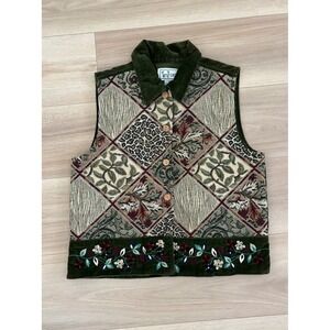 Vintage TanTrums Tapestry Vest Cottagecore Floral Embroidered Olive Green Medium